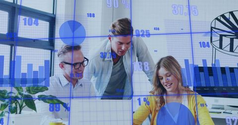 Team Collaborating on Statistical Data Analysis in Modern Office