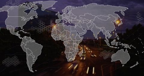 World map overlay and highway lights illustrate global connectivity