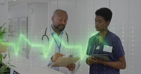 Doctors Discussing Patient Data with Vital Signs Interface Overlay