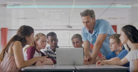 Instructor guiding students on laptop with code overlay