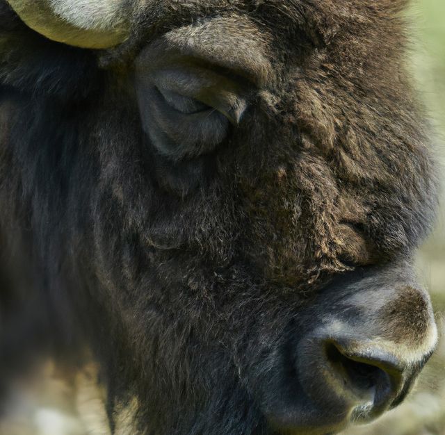 This intimate close-up of a sleeping bison captures the detail of its woolly fur and the serene expression on its face. Ideal for use in wildlife documentaries, educational materials about mammals, nature photography displays, or conveying themes of tranquility and the beauty of wildlife.