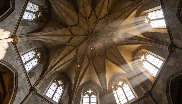 Sunlit gothic vaulting with central boss, tracery windows and dust motes in cathedral