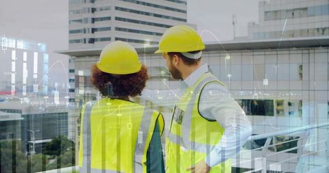 Construction engineers inspecting rooftop with data overlays planning urban development