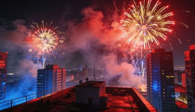 Lighting rooftop fireworks over urban skyline with red and gold explosions