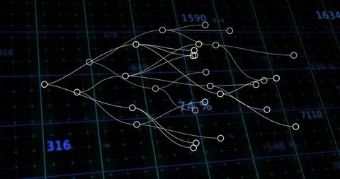 Abstract Neural Network Nodes Connecting Over Glowing Data Grid with Numeric Overlays