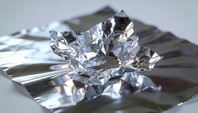 Crumpled aluminum foil bowl reflecting light on shiny surface with wrinkles and highlights