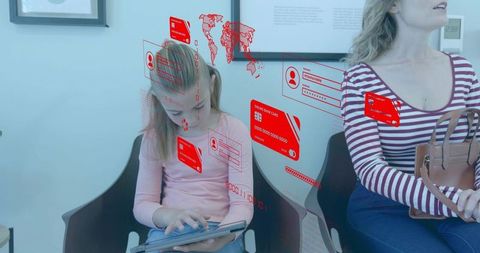 Girl using tablet with red ar data overlays in clinic waiting room highlighting privacy
