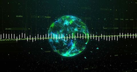 Rotating Pulsing Polygonal Globe with Waveform and Floating Numeric Data in Neon Interface