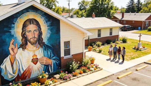 Community group standing by sacred heart jesus mural on church lawn with pumpkins and cross