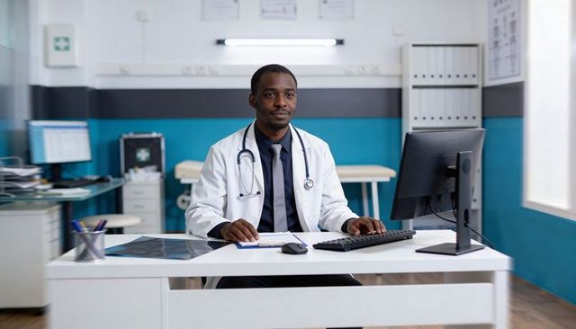 Black doctor reviewing patient chart at desk in modern clinic