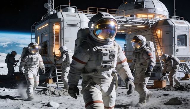 Astronaut Crew Walking on Lunar Surface Near Moon Base Habitat Modules with Earth Visible