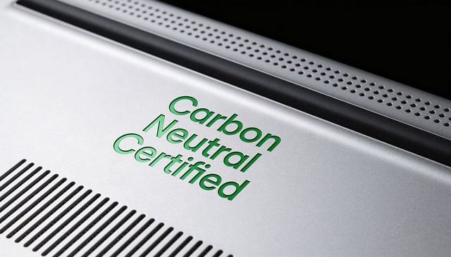 Carbon neutral certified badge engraved on brushed metal electronic device closeup