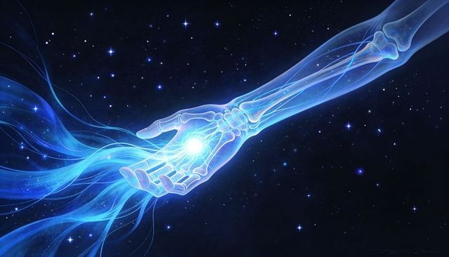 Translucent x-ray forearm cradling glowing energy orb with blue ribbons in cosmos