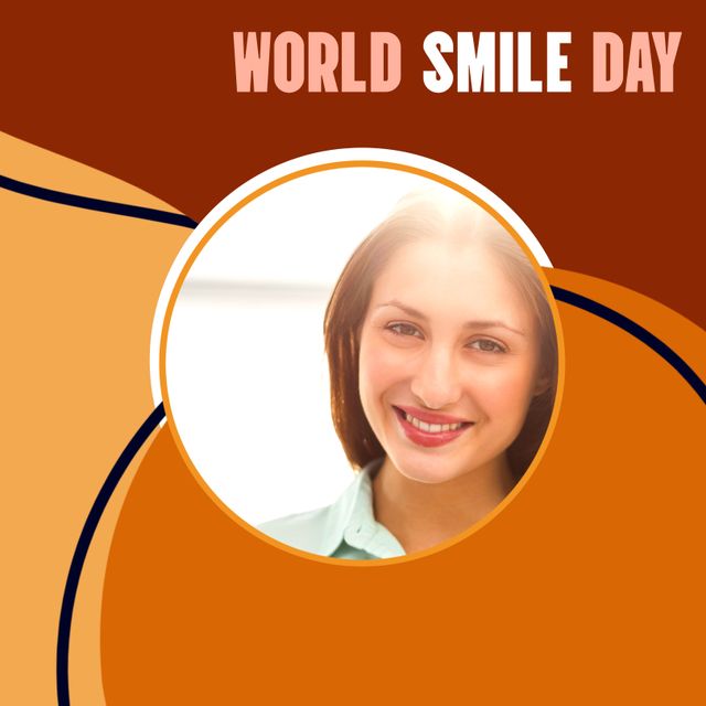 A cheerful design featuring a Caucasian woman's joyful smile, set against warm brown shades to promote World Smile Day. Ideal for campaigns focused on happiness, positivity, and spreading smiles across social media, advertisements, and promotional materials related to wellness or mental health initiatives.