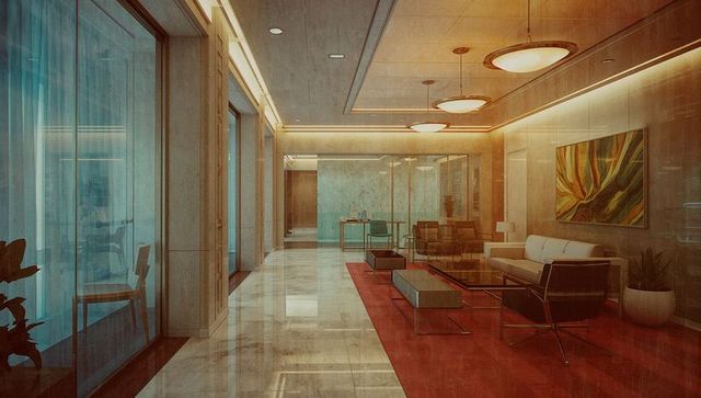 Luxury Office Reception with Modern Decor and Glass Walls