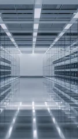 Vertical video sliding through mirrored high-tech corridor with reflective grid shelving