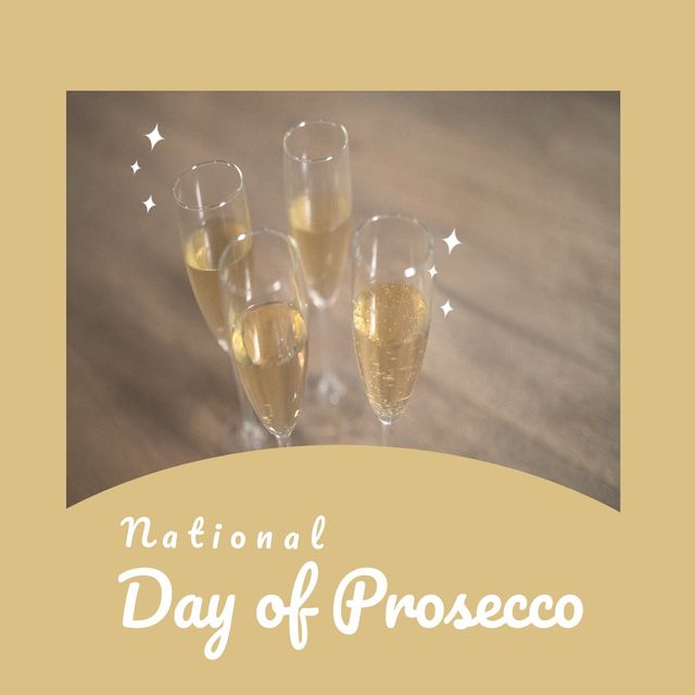 Composite of prosecco in glasses on table and national day of prosecco text on beige background. Copy space, drinking glass, sparkling wine, alcohol, drink and celebration concept.