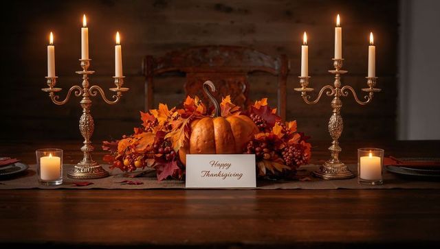 Rustic Thanksgiving centerpiece with pumpkin, autumn leaves, glowing candelabras, greeting card