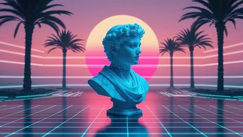 Futuristic Marble Bust in Neon Sunset Landscape