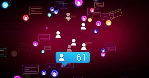 Social growth ui with neon avatars and 61 notification bubble on maroon gradient backdrop