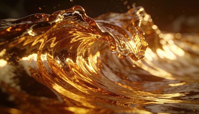Molten gold wave flowing with glossy sheen and glinting droplets macro 3d render