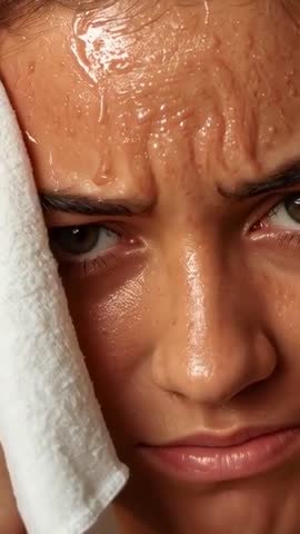 Vertical video: Woman pressing towel to face while blotting sweat in intense close-up portrait