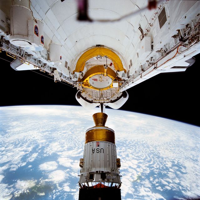 STS043-72-059 (2 Aug 1991) --- The Tracking and Data Relay Satellite (TDRS-E), leaves the payload bay of the earth-orbiting Atlantis a mere six hours after the Space Shuttle was launched from Pad 39A at Kennedy Space Center, Florida.  TDRS, built by TRW, will be placed in a geosynchronous orbit and after on-orbit testing, which requires several weeks, will be designated TDRS-5.  The communications satellite will replace TDRS-3 at 174 degrees West longitude.  The backbone of NASA's space-to-ground communications, the Tracking and Data Relay satellites have increased NASA's ability to send and receive data to spacecraft in low-earth orbit to more than 85 percent of the time.  The five astronauts of the STS 43 mission are John E. Blaha, mission commander, Michael A. Baker, pilot, and Shannon W.  Lucid, G.  David Low, and James C. Adamson, all mission specialists.