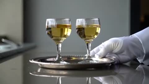 White-gloved hand placing silver tray with two glasses of white wine on glossy counter