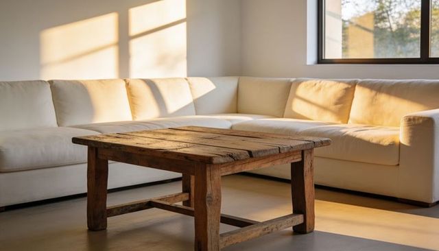 Rustic reclaimed wooden coffee table with cream l-shaped sofa in sunlit minimalist living room
