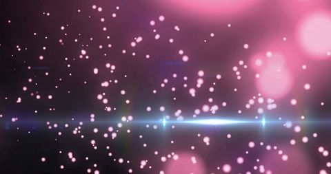Glowing blue light beam cutting across magenta bokeh with floating neon particles and soft orbs