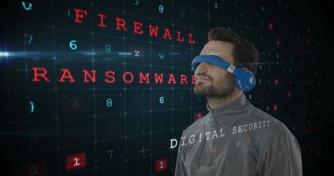 Man Wearing VR Headset Exploring Digital Security with Floating Text - Download Free Stock Images Pikwizard.com