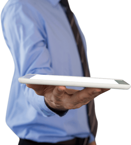 Businessman in Blue Shirt Presenting Transparent Tablet Device - Download Free Stock Videos Pikwizard.com