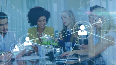 Diverse Business Team Working with Digital Networking Icons