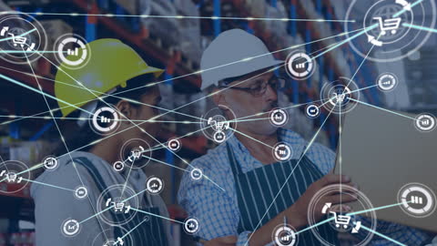 Diverse Workers Utilizing Digital Connections in Warehouse