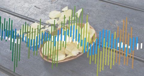 Featuring crunchy potato chips and colorful soundwave overlay on rustic wood deck