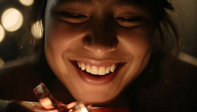 Cozy closeup of smiling woman holding glowing wrapped gift in warm festive light