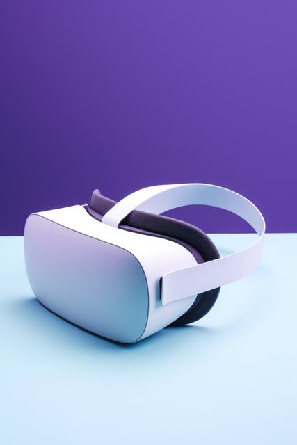 White vr headset on blue background with copy space, created using generative ai technology. Virtual reality and digital interface technology concept digitally generated image.