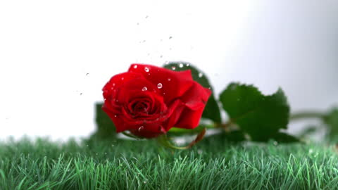 Red Rose Bouncing on Green Grass with Water Droplets