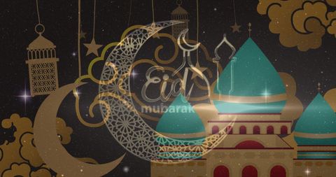 Eid Mubarak Greeting with Ornate Mosque and Crescent Moon - Download Free Stock Images Pikwizard.com