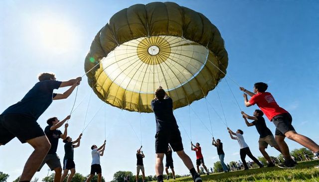 Adults raising olive parachute canopy during team training on grassy field