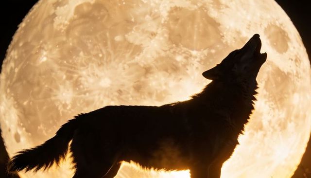 Howling wolf silhouette backlit by full moon, rimlit canine standing in wild night