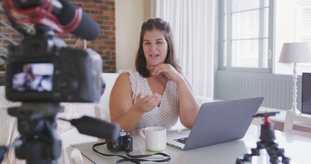 Female Vlogger Recording Video in Home Studio with Camera and Laptop - Download Free Stock Images Pikwizard.com