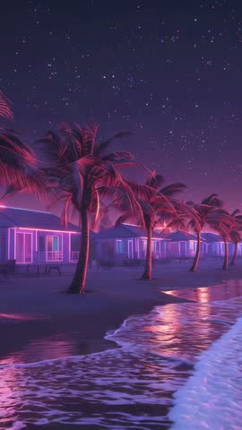 Neon Shoreline Cabins Vertical Video, Palm Trees Swaying Under Starry Violet Sky
