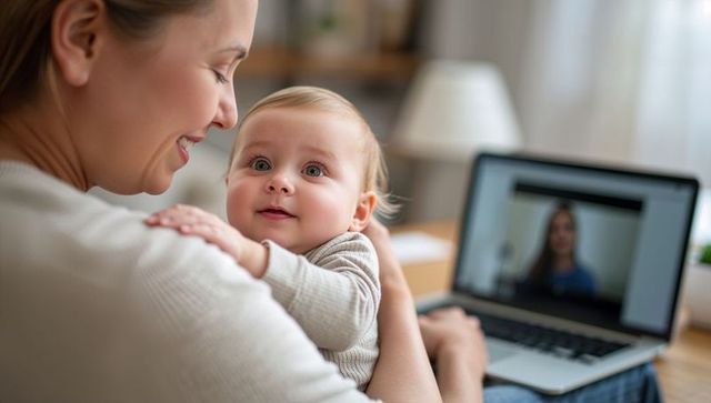 Mother holding baby while working from home on laptop during video call cozy living room
