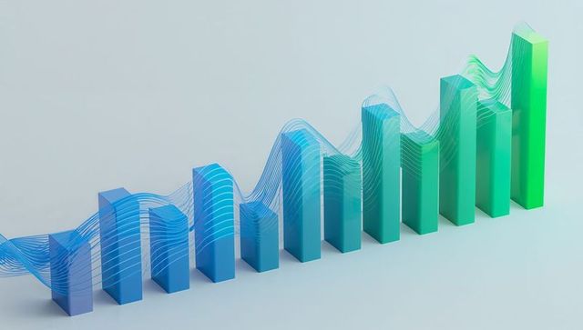 Rising 3D Bar Chart with Translucent Wave Ribbons Showing Data Growth and Analytics