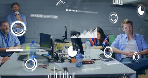 Animated Data Over Business Team in Office Environment