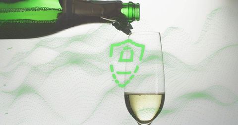 Pouring Green Bottle Filling Champagne Flute with Pale Bubbly and Digital Shield Emblem