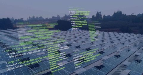 Displaying expansive solar panel array with floating code overlays for energy analytics