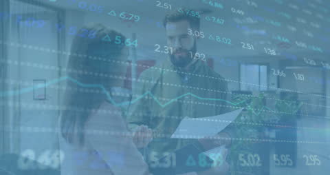 Business Team Discussing Financial Data with Digital Overlay