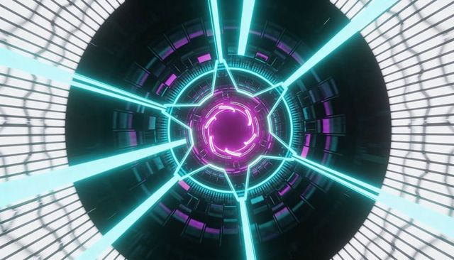 Neon reactor tunnel with pulsing magenta core, cyan energy beams, futuristic portal